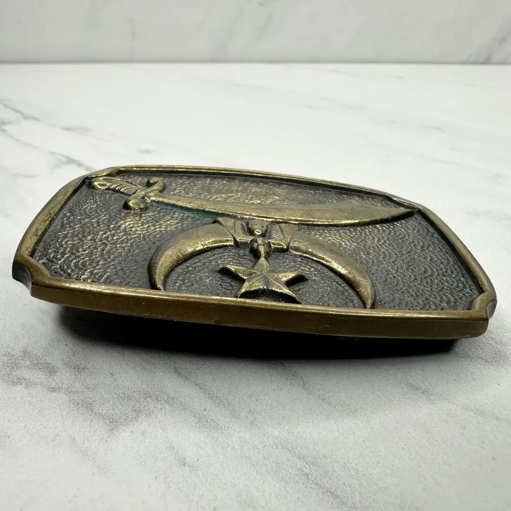 Vintage BTS Solid Brass Shriners Belt Buckle Scimitar Star USA ✨